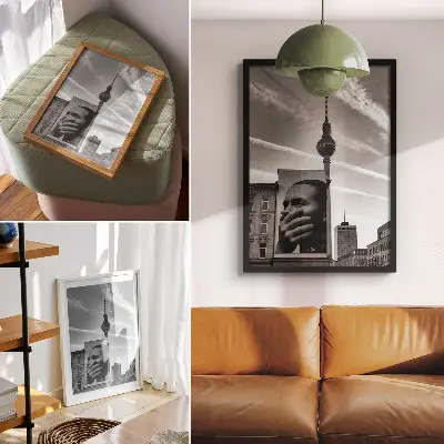 Art print city with a mural and a TV tower