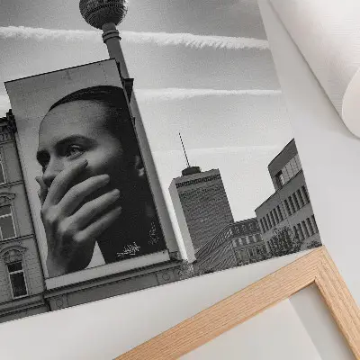 Art print city with a mural and a TV tower