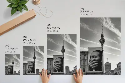 Art print city with a mural and a TV tower