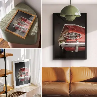 Decorative poster featuring red car chrome details in retro style
