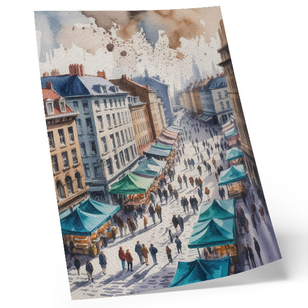 Art print Colorful urban scene, people, stalls, watercolor