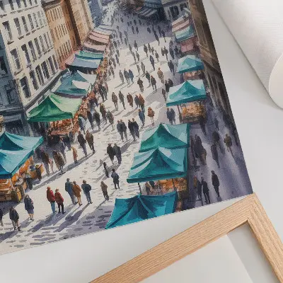 Art print colorful urban scene with people and stalls in watercolor style