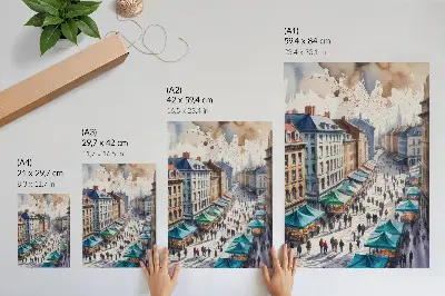 Art print colorful urban scene with people and stalls in watercolor style