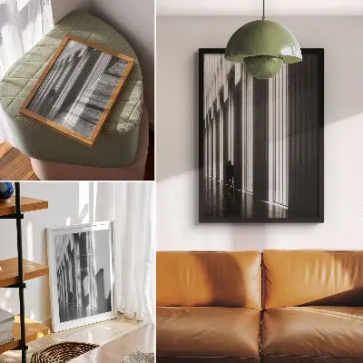 Decorative poster with black and white geometric patterns and light space theme
