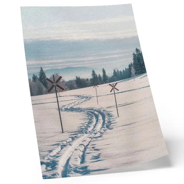 Poster winter landscape with ski tracks, mountains, trees, and sky