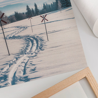 Poster Winter landscape, ski tracks, mountains, trees, sky