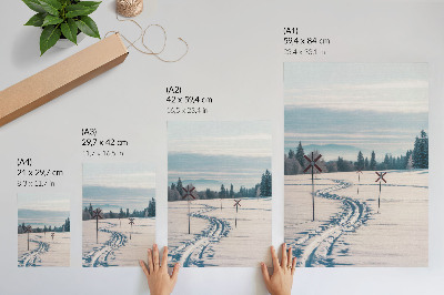 Poster Winter landscape, ski tracks, mountains, trees, sky