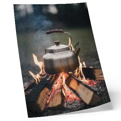 Art print metallic kettle with wood flames and nature design