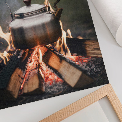 Art print Metallic kettle wood flames nature