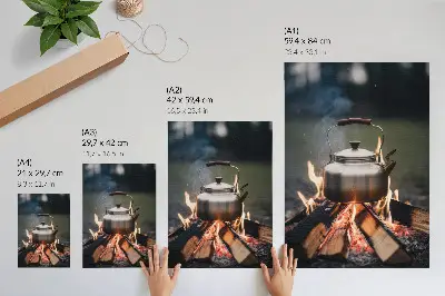 Art print metallic kettle with wood flames and nature design