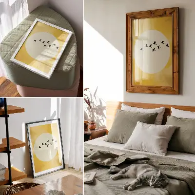 Birds against a yellow circle background poster