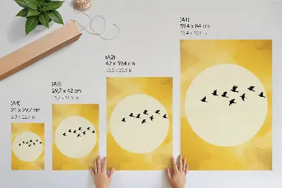 Birds against a yellow circle background poster