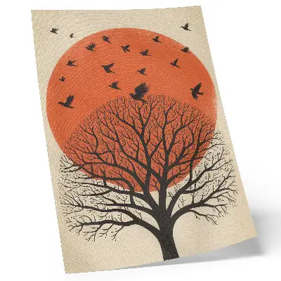 Art print minimalist bird, tree, and sun motif