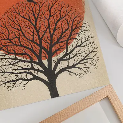 Art print minimalist bird, tree, and sun motif