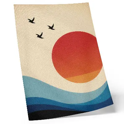 Poster abstraction featuring a big sun with blue waves and birds