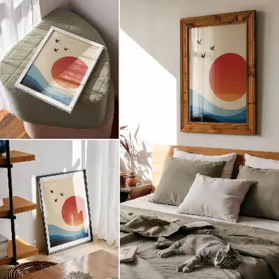Poster abstraction featuring a big sun with blue waves and birds