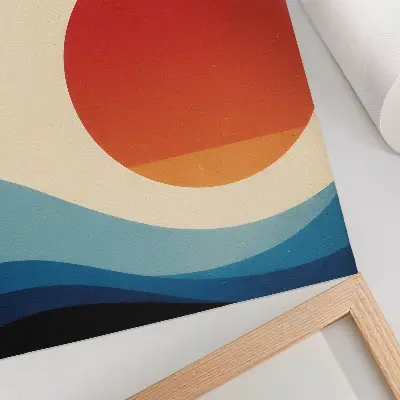 Poster abstraction featuring a big sun with blue waves and birds
