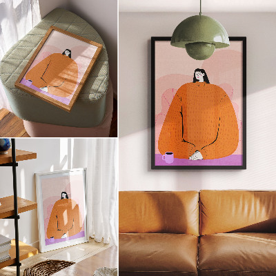 Art print Graphic of a character in an orange sweater on a pink background