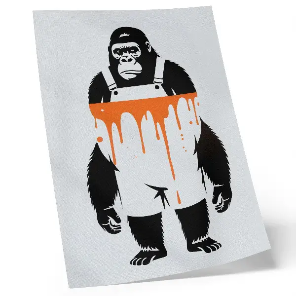 Decorative gorilla poster wearing overalls against a vibrant orange background