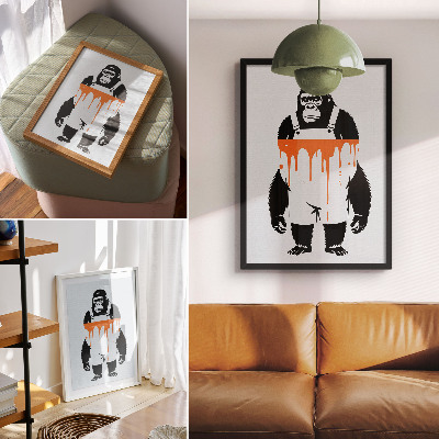 Decorative poster A gorilla in overalls against a vibrant orange background