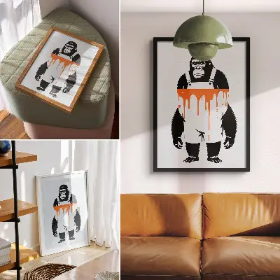 Decorative gorilla poster wearing overalls against a vibrant orange background