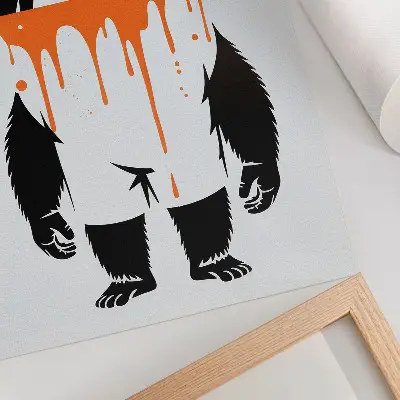 Decorative gorilla poster wearing overalls against a vibrant orange background