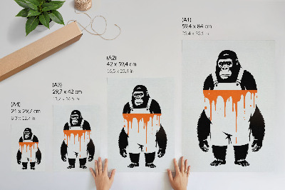 Decorative poster A gorilla in overalls against a vibrant orange background