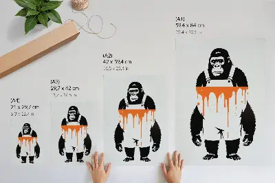 Decorative gorilla poster wearing overalls against a vibrant orange background