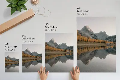 Poster calm lake with autumn trees and mountain reflection