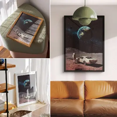 Poster astronaut on the moon with Earth and stars