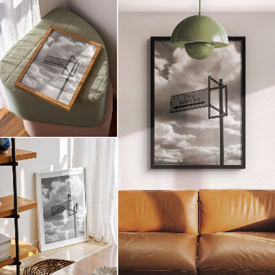 Decorative poster Black and white road sign clouds modernity