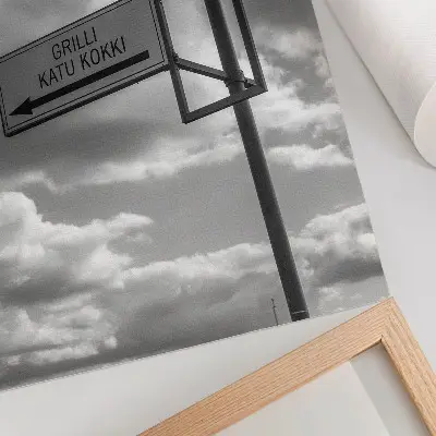 Decorative poster black and white minimalist road sign and clouds print