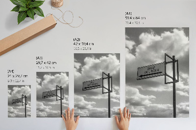 Decorative poster Black and white road sign clouds modernity