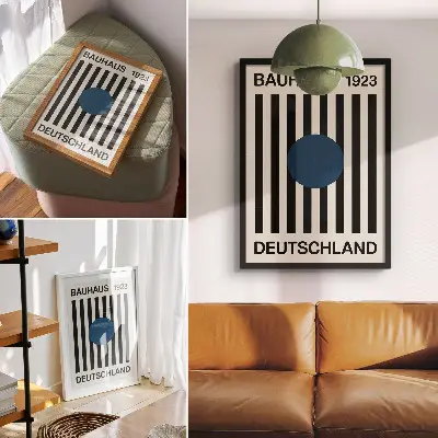 Art print black lines on a beige background with navy blue accents in a modern style