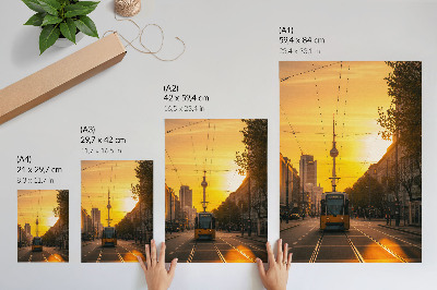 Poster Evening city energy tram life streets buildings