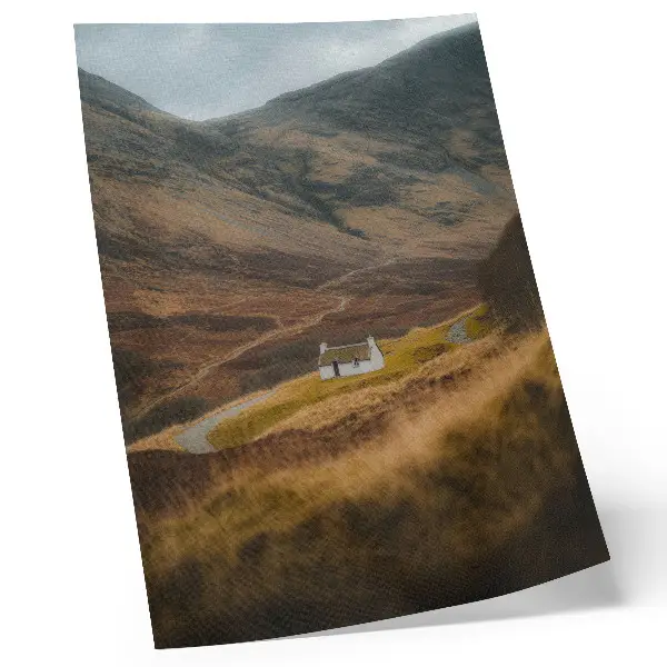 Poster mountain landscape featuring a lonely cottage in nature