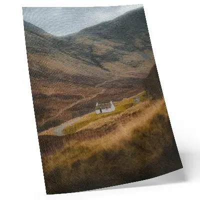Poster mountain landscape featuring a lonely cottage in nature