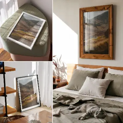 Poster mountain landscape featuring a lonely cottage in nature