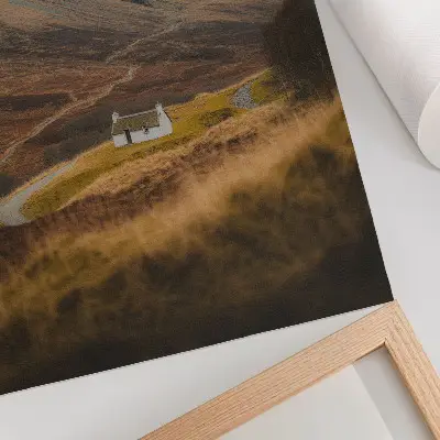 Poster mountain landscape featuring a lonely cottage in nature