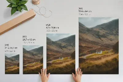 Poster mountain landscape featuring a lonely cottage in nature