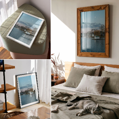 Art print The sky over the lake, the houses, the moon, the trees
