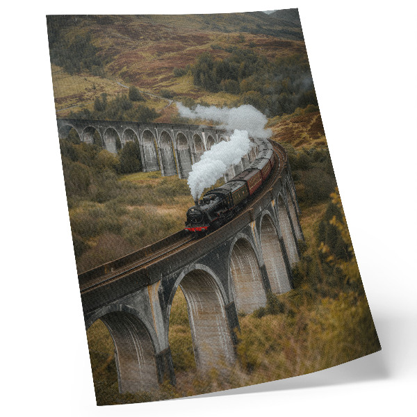 Premium wall art A train on a bridge among green hills