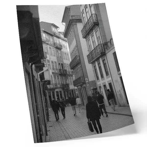 Art print street photography of architecture and people in black and white