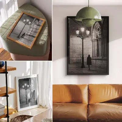 Black and white architecture wall art lantern at night scene