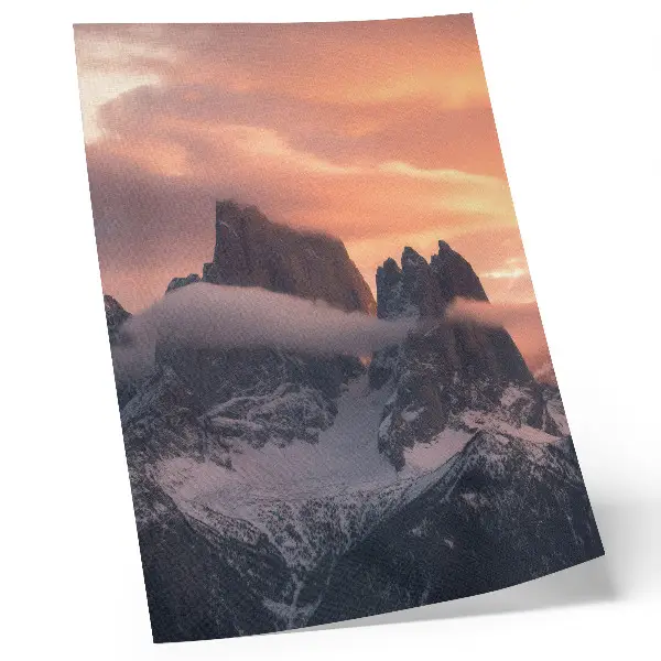 Poster featuring a mysterious foggy mountain landscape at sunset