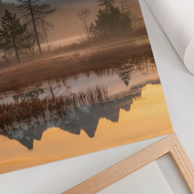 Art print Mountains, trees, fog, calm water, reflection