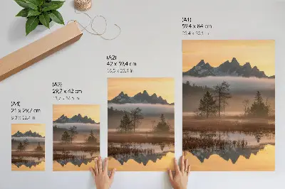 Art print featuring mountains, trees, and fog over calm reflected water