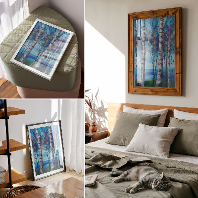 Art print Colorful birch trees with a blue background and warm accents