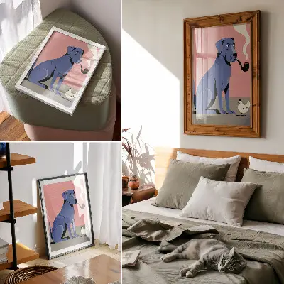 Premium wall art blue dog with a pipe on a pink background