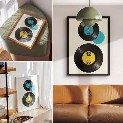 Art print modern vinyl records in yellow and turquoise